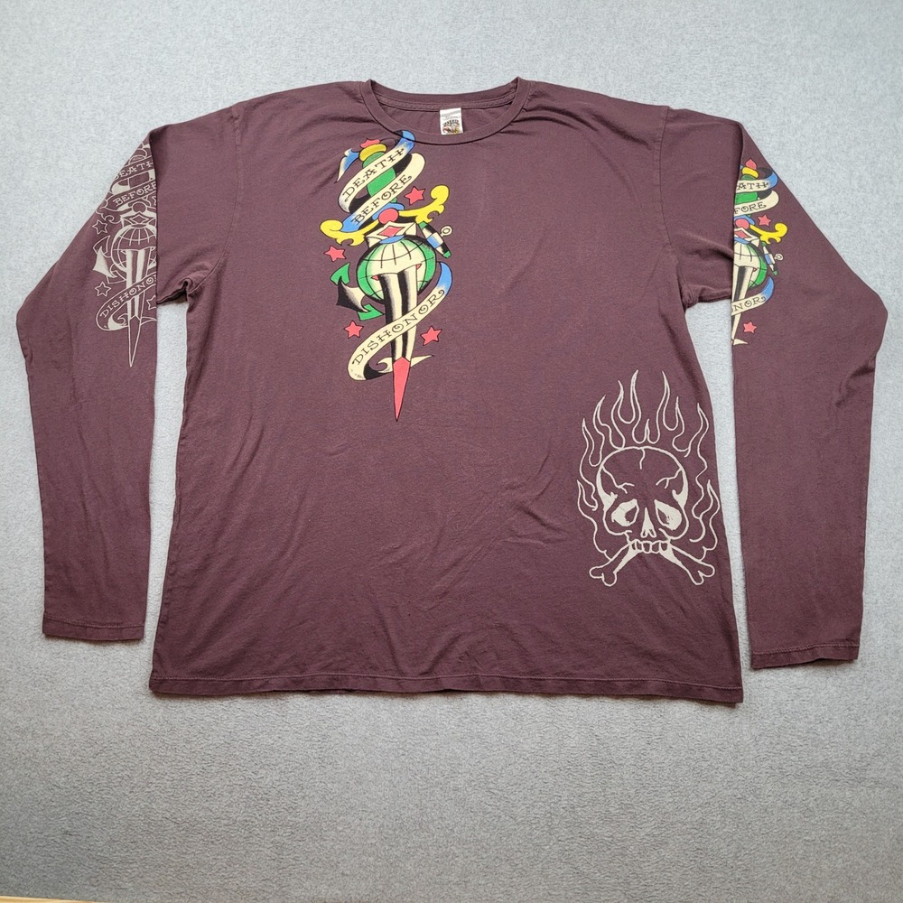 Ed Hardy Long Sleeve Shirt Mens XXL Brown Death Before Dishonor Tattoo Graphic